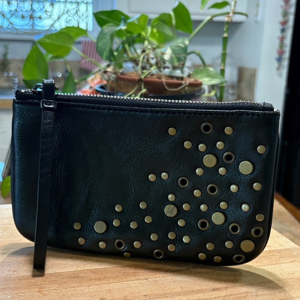 J. Crew Black Leather Studded Wristlet Clutch